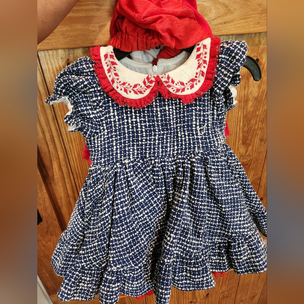 Adorable Blue and White Dress with Red Accents